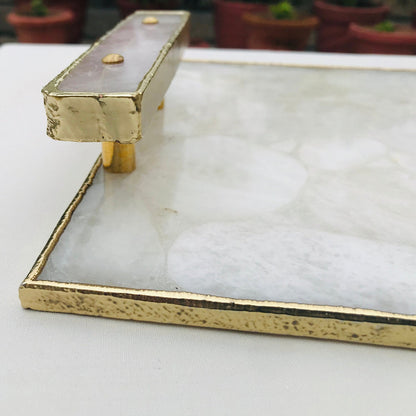 White Crystal Agate Plated Serving Tray With Clear Quartz Handles/Personalised Momentos/Sign Boards