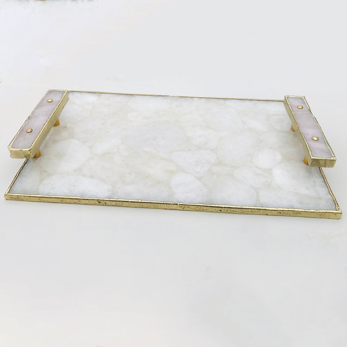 White Crystal Agate Plated Serving Tray With Clear Quartz Handles/Personalised Momentos/Sign Boards