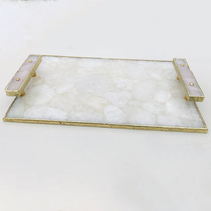 White Crystal Agate Plated Serving Tray With Clear Quartz Handles/Personalised Momentos/Sign Boards