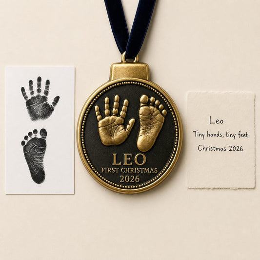 An antique brass round baby ornament with a beaded rim and a raised handprint and footprint