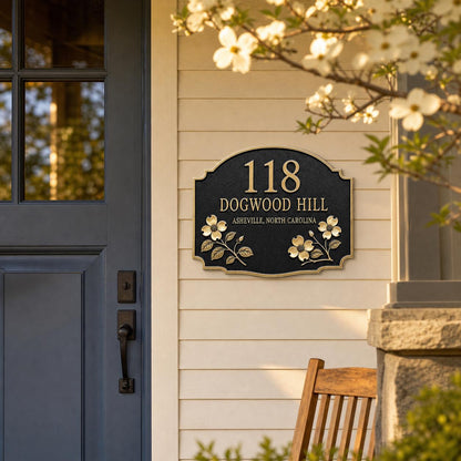 Personalised Floral Address Plaque | Custom Antique Brass House Number Sign