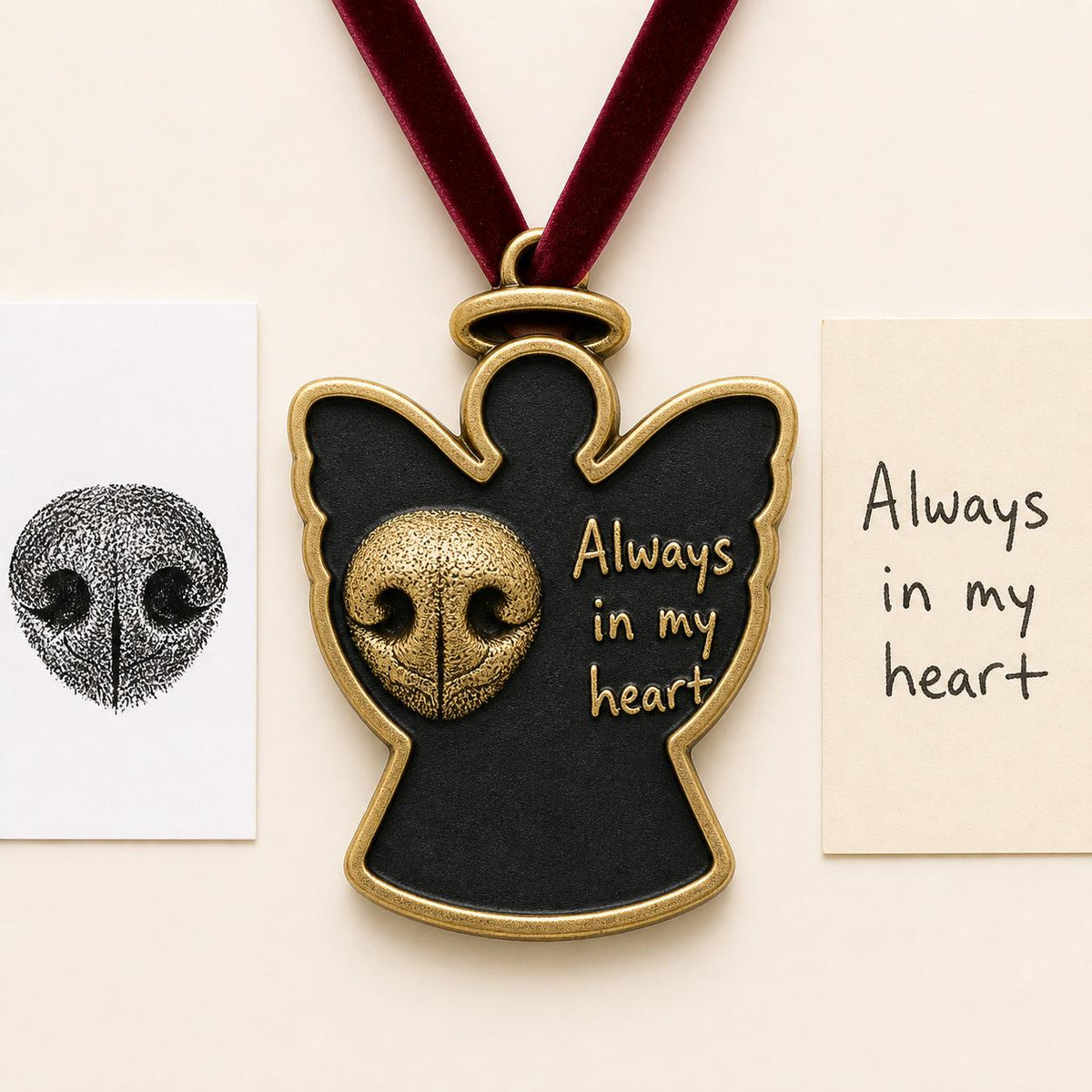 Antique brass angel pet ornament with a raised nose print and Always in my heart, beside print and note cards