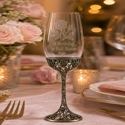 June Rose Wine Glass, Personalised Birth Flower, Openwork Brass Stem, Custom Etched Gift