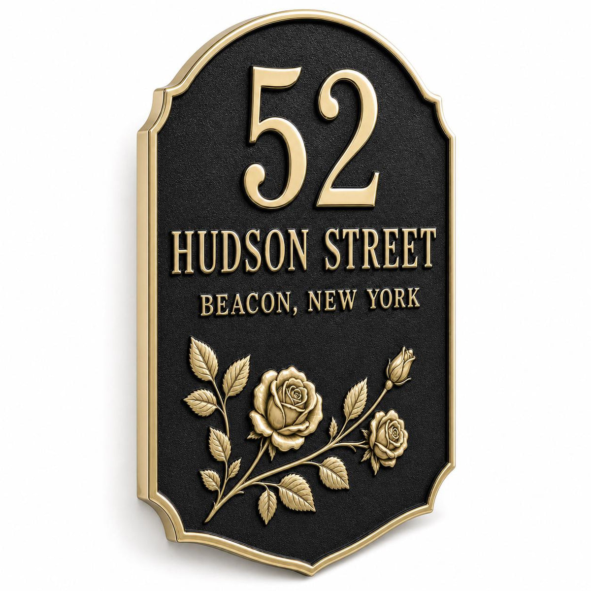Personalised Rose Address Plaque | Custom Metal House Number | Antique Brass Wall Plate