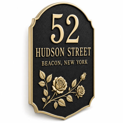 Personalised Rose Address Plaque | Custom Metal House Number | Antique Brass Wall Plate