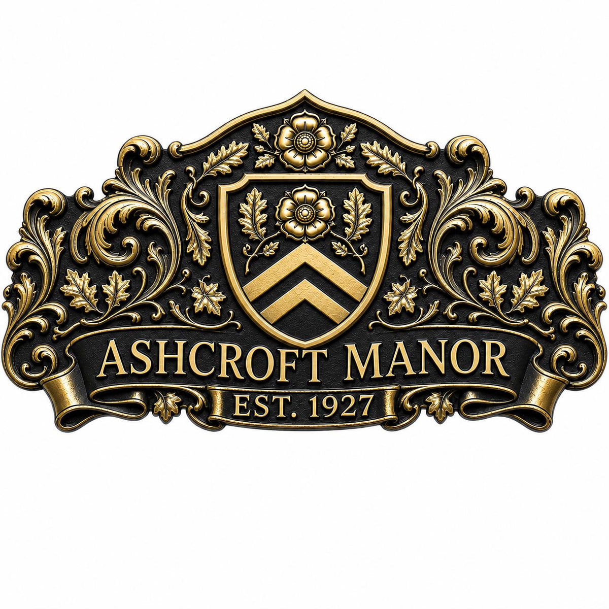 Wide Ashcroft Manor plaque on white, showing the raised rose above the chevron shield