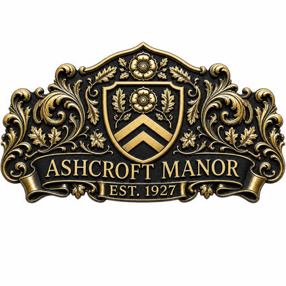 Wide Ashcroft Manor plaque on white, showing the raised rose above the chevron shield