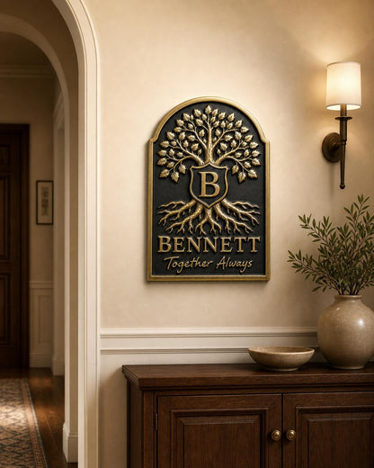 Design Your Own Family Tree Crest Plaque | Custom Surname & Motto | Antique Brass Wall Sign