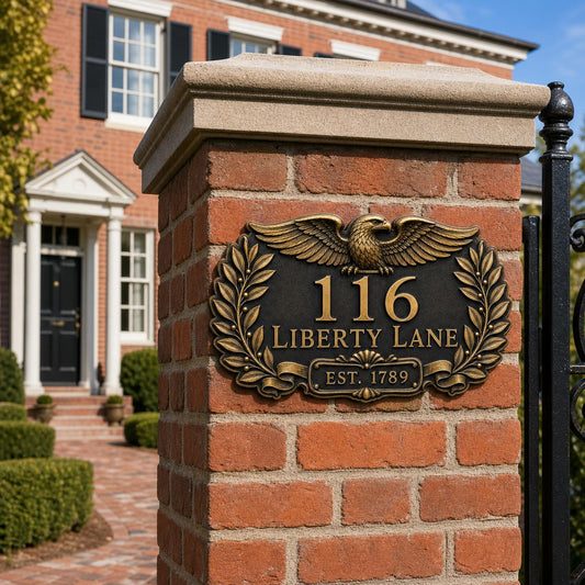 Custom Antique Brass Address Sign |  Art Deco House Plaque | Family Name Crest