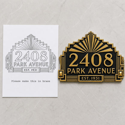 Personalized Antique Brass House Number Plaque | Custom Address Sign | Art Deco Design