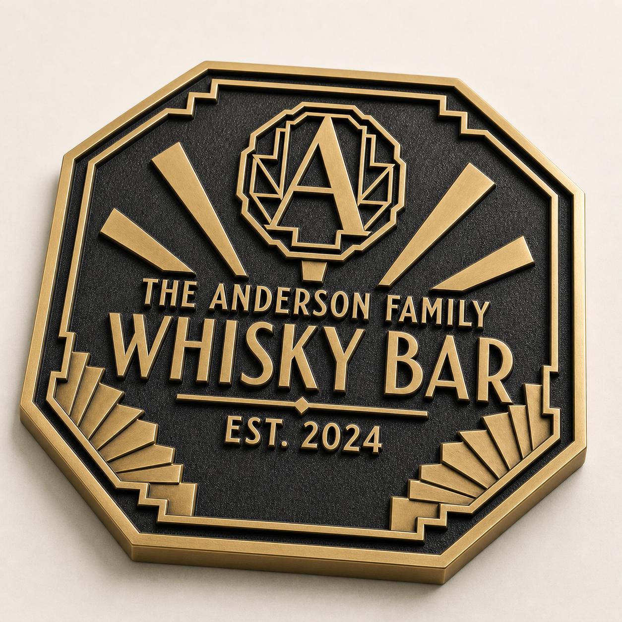 Personalised Art Deco Whisky Bar Sign | Custom Family Home Bar Plaque | Antique Brass Metal Wall Sign