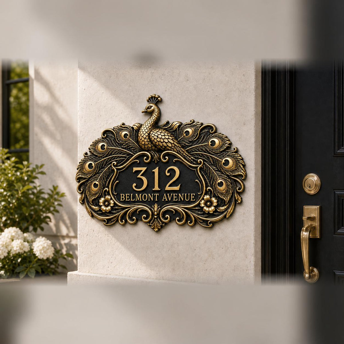 Design Your Own Custom House Number Plaque | Personalized Peacock Antique Brass Address Sign