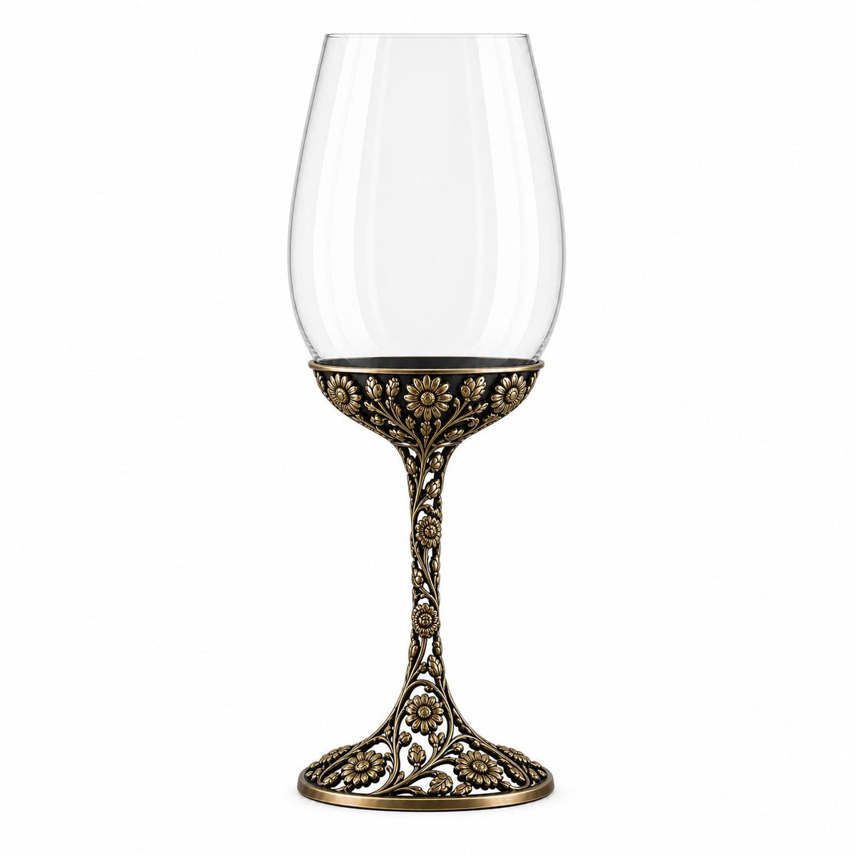 April Daisy Wine Glass, Personalised Birth Flower, Openwork Brass Stem, Custom Etched Gift