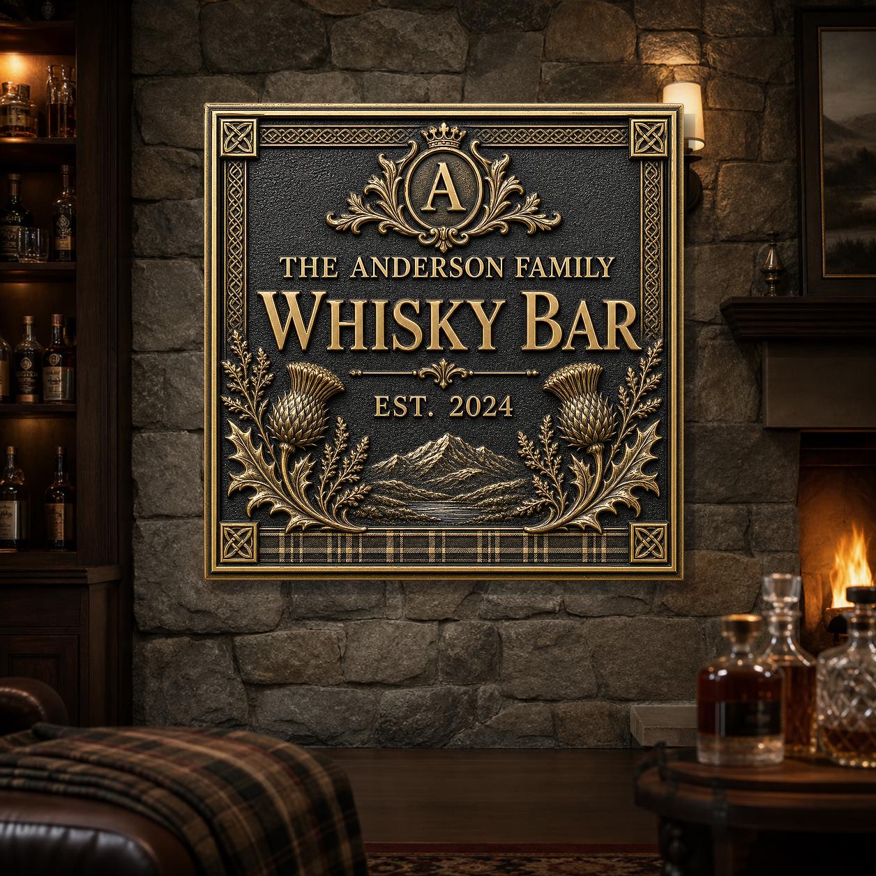 Personalised Scottish Whisky Bar Sign | Antique Brass Highland Plaque | Custom Family Home Bar Gift