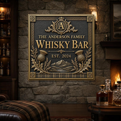 Personalised Scottish Whisky Bar Sign | Antique Brass Highland Plaque | Custom Family Home Bar Gift