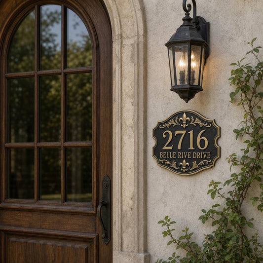 
Fleur-de-lis cartouche plaque on a stone wall beside an arched door and lantern