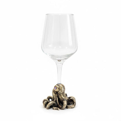 Octopus Wine Glass – Antique Brass Base with Gemstone Eyes, 12 oz