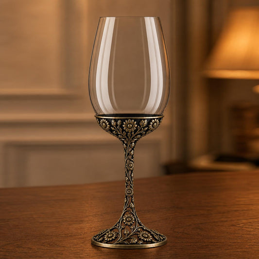 April Daisy Wine Glass, Personalised Birth Flower, Openwork Brass Stem, Custom Etched Gift