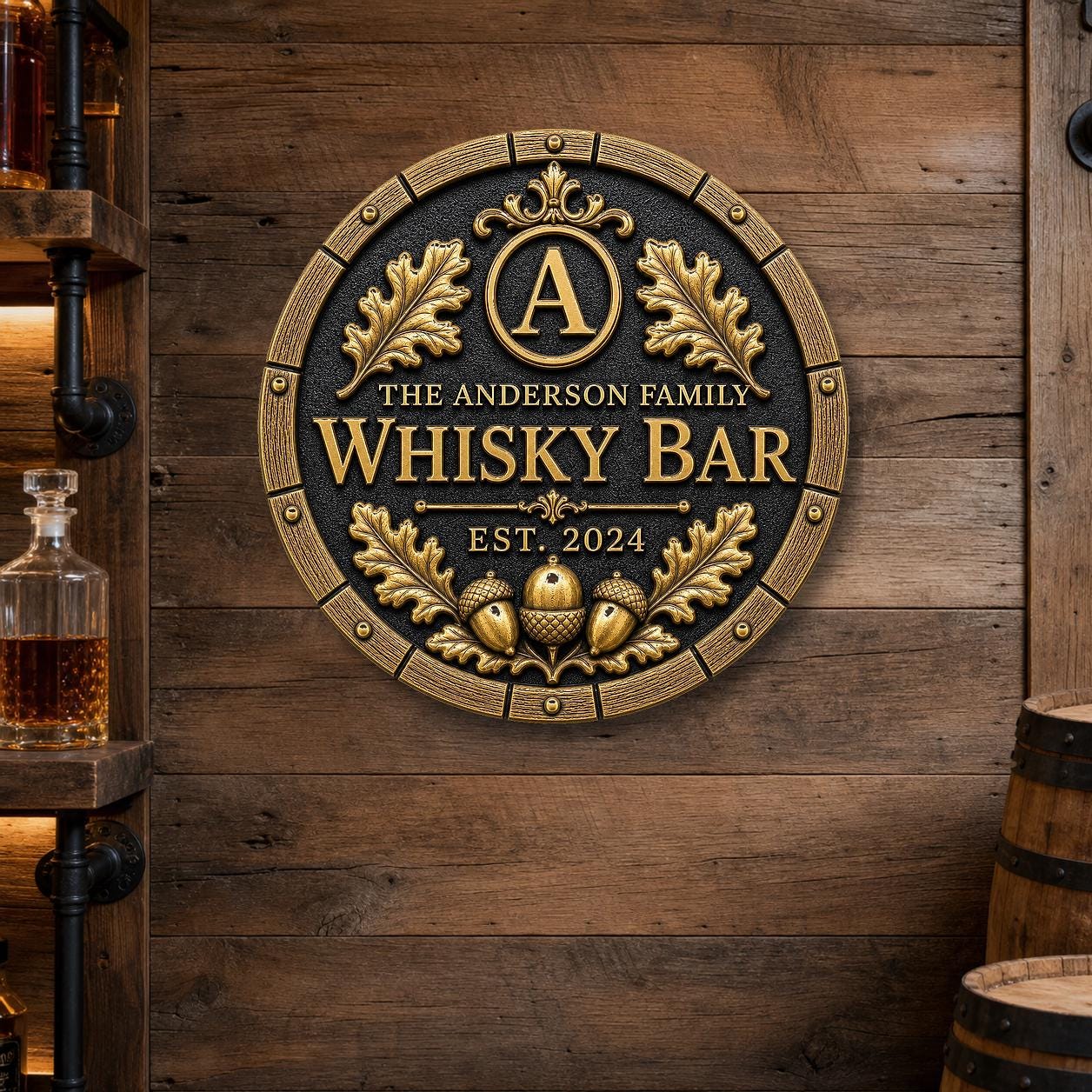 Personalised Oak Barrel Whisky Bar Plaque | Custom Family Home Bar Sign | Handcrafted Antique Brass Wall Decor