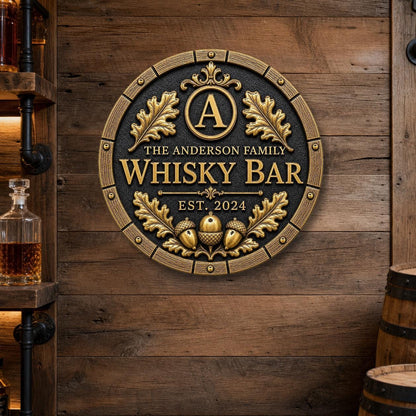 Personalised Oak Barrel Whisky Bar Plaque | Custom Family Home Bar Sign | Handcrafted Antique Brass Wall Decor