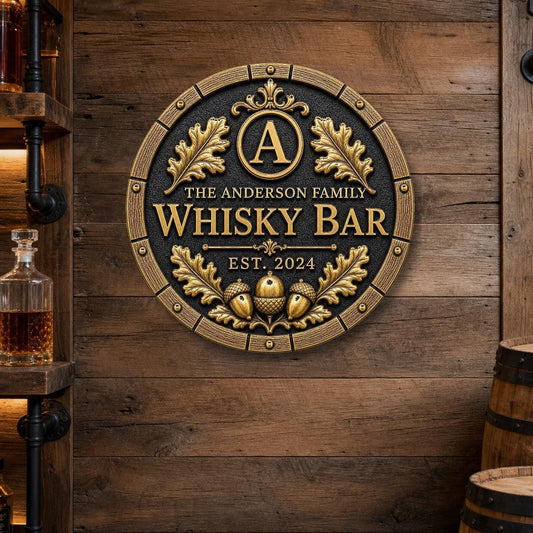 Personalised Oak Barrel Whisky Bar Plaque | Custom Family Home Bar Sign | Handcrafted Antique Brass Wall Decor