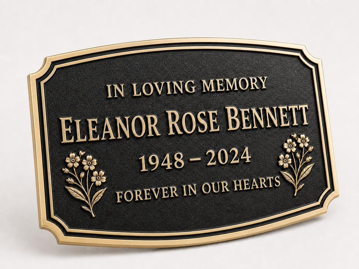 Personalised Remembrance Plaque, Memorial Sign with Floral Detail and Antique Brass Finish