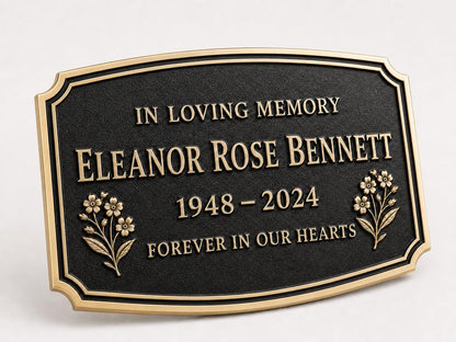 Personalised Remembrance Plaque, Memorial Sign with Floral Detail and Antique Brass Finish