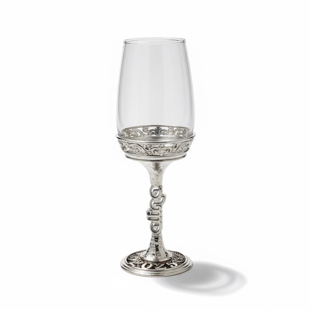 Silver finish wine glass with stem and base wording
