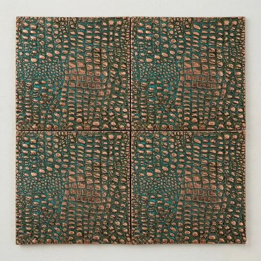 Four green patina crocodile tiles set in a square