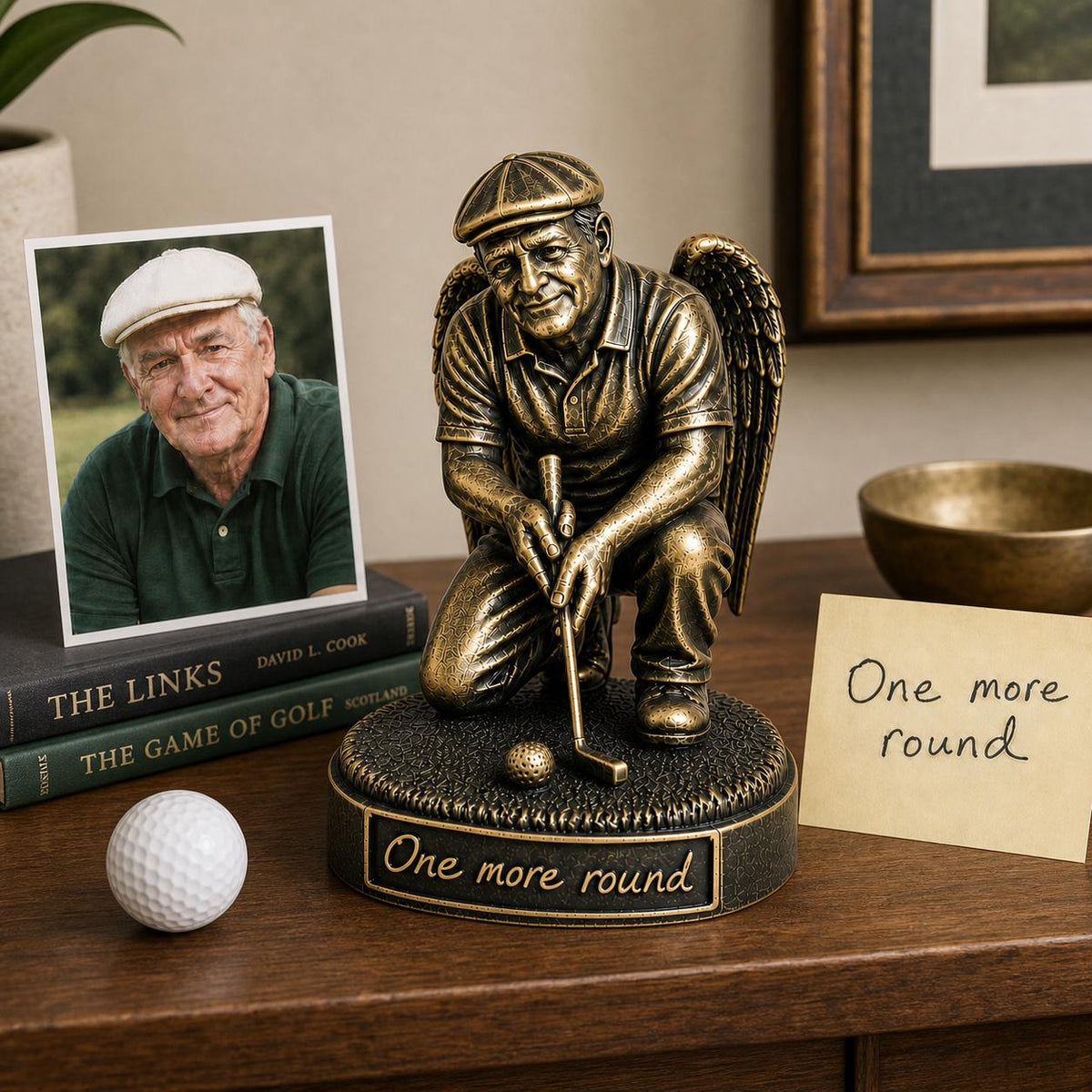 Personalised Golf Memorial Figurine from Photo, Antique Brass Angel Statue, Dad Remembrance Gift