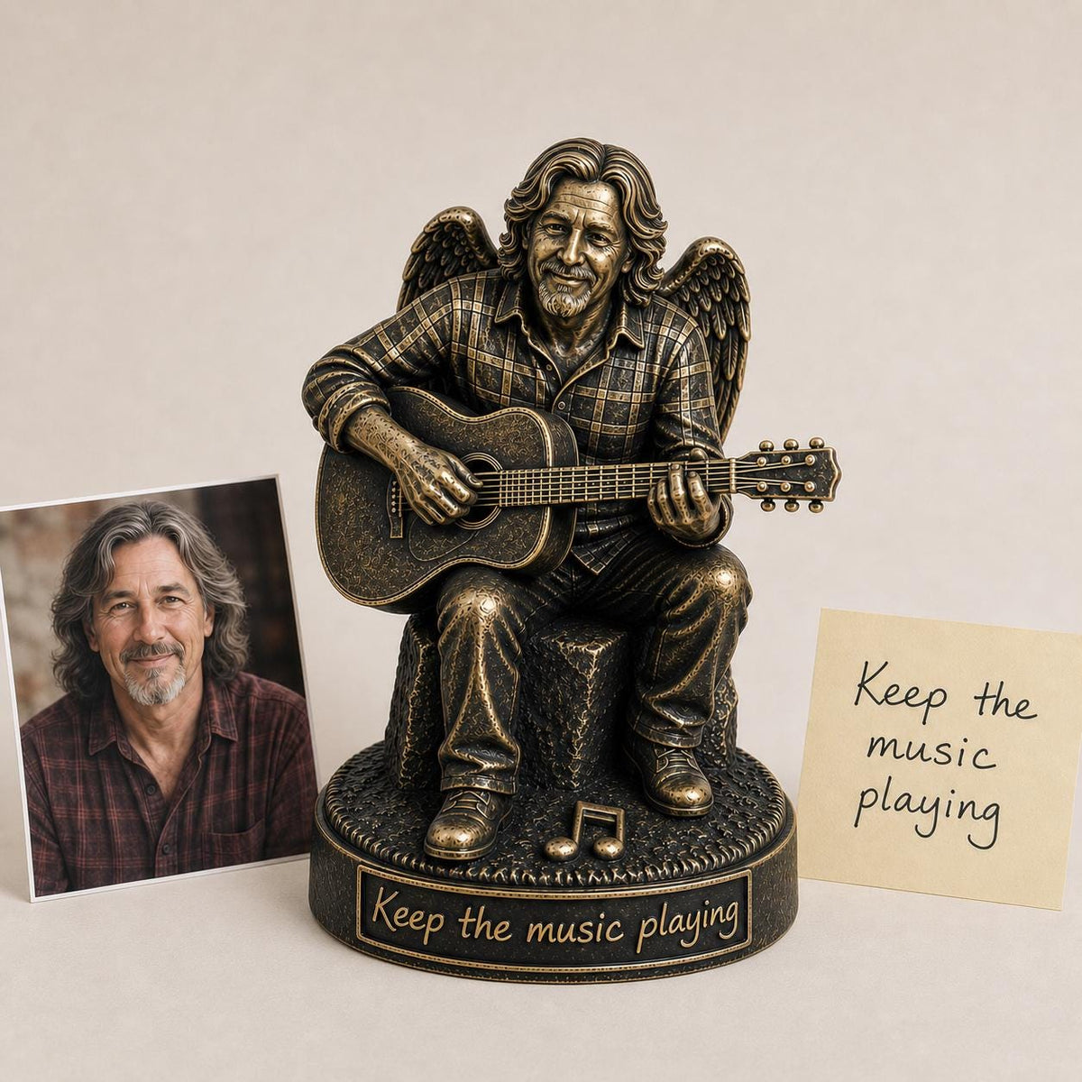 Personalised Guitar Memorial Figurine from Photo, Antique Brass Angel Statue, Musician Remembrance Gift