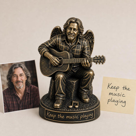 Personalised Guitar Memorial Figurine from Photo, Antique Brass Angel Statue, Musician Remembrance Gift