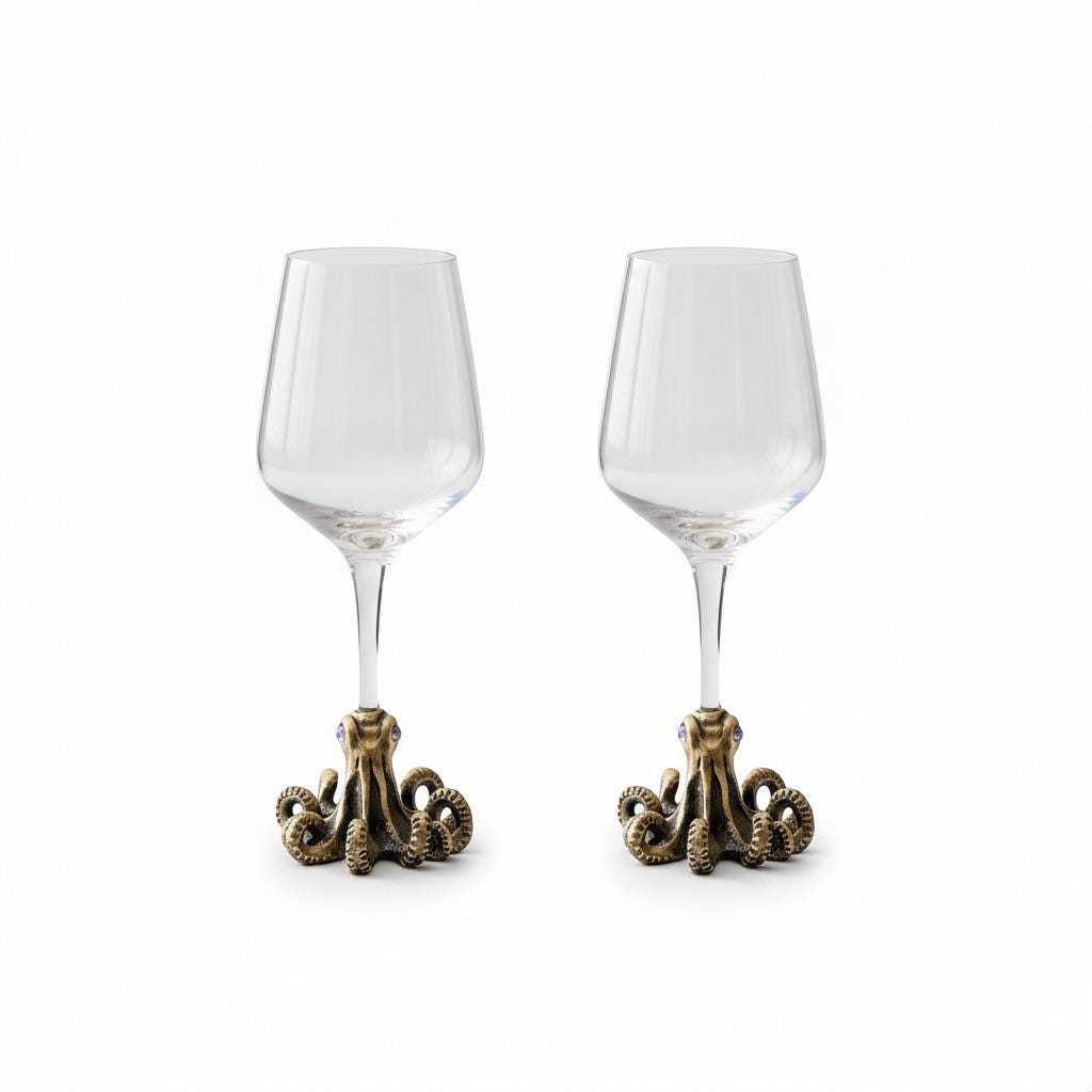 Octopus Wine Glass – Antique Brass Base with Gemstone Eyes, 12 oz