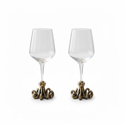 Octopus Wine Glass – Antique Brass Base with Gemstone Eyes, 12 oz