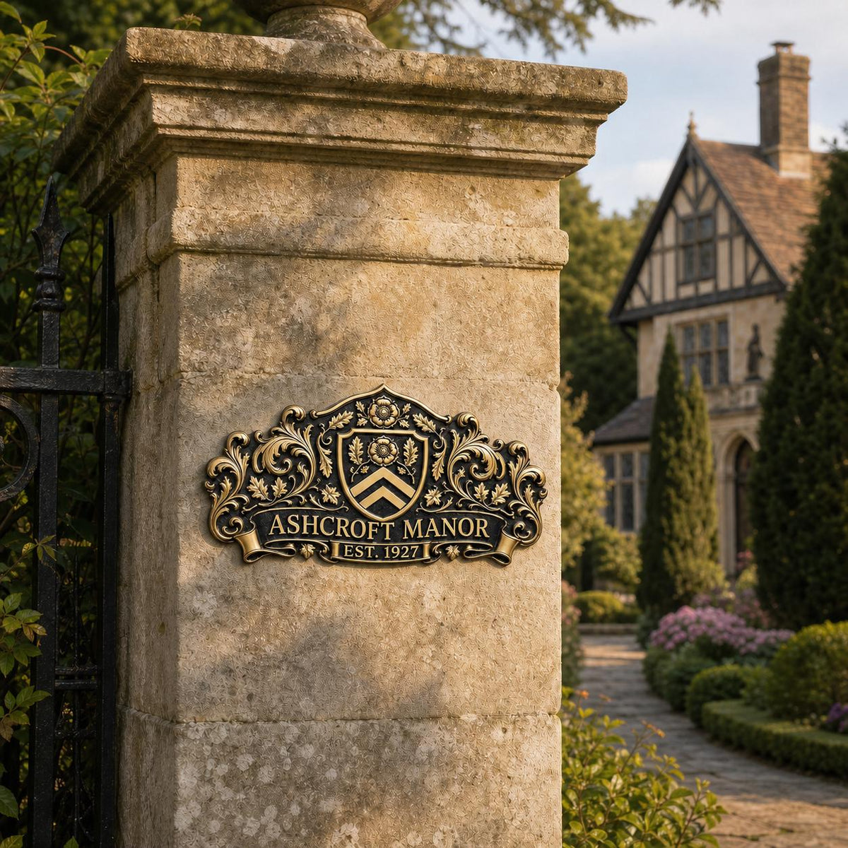 Wide antique brass crest plaque reading ASHCROFT MANOR, EST. 1927, on a stone gate pillar