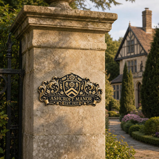Personalized Antique Brass House Plaque | Design Your Own Custom Family Name Heraldic Crest