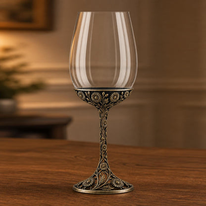 September Aster Wine Glass, Personalised Birth Flower, Openwork Brass Stem, Custom Etched Gift