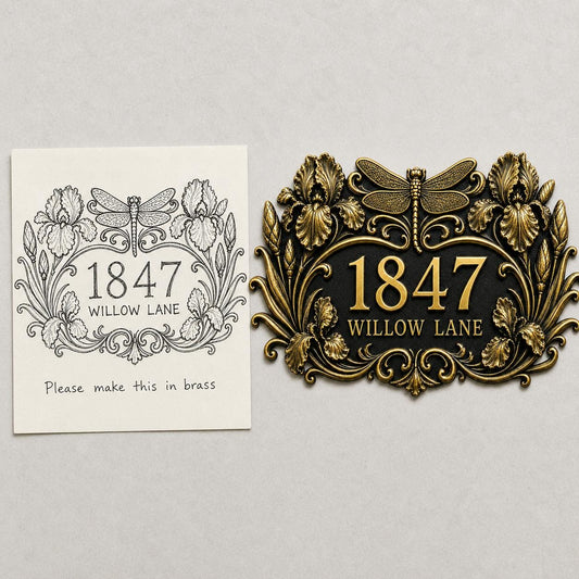 Design Your Own Custom House Number Plaque | Personalized Dragonfly Antique Brass Address Sign