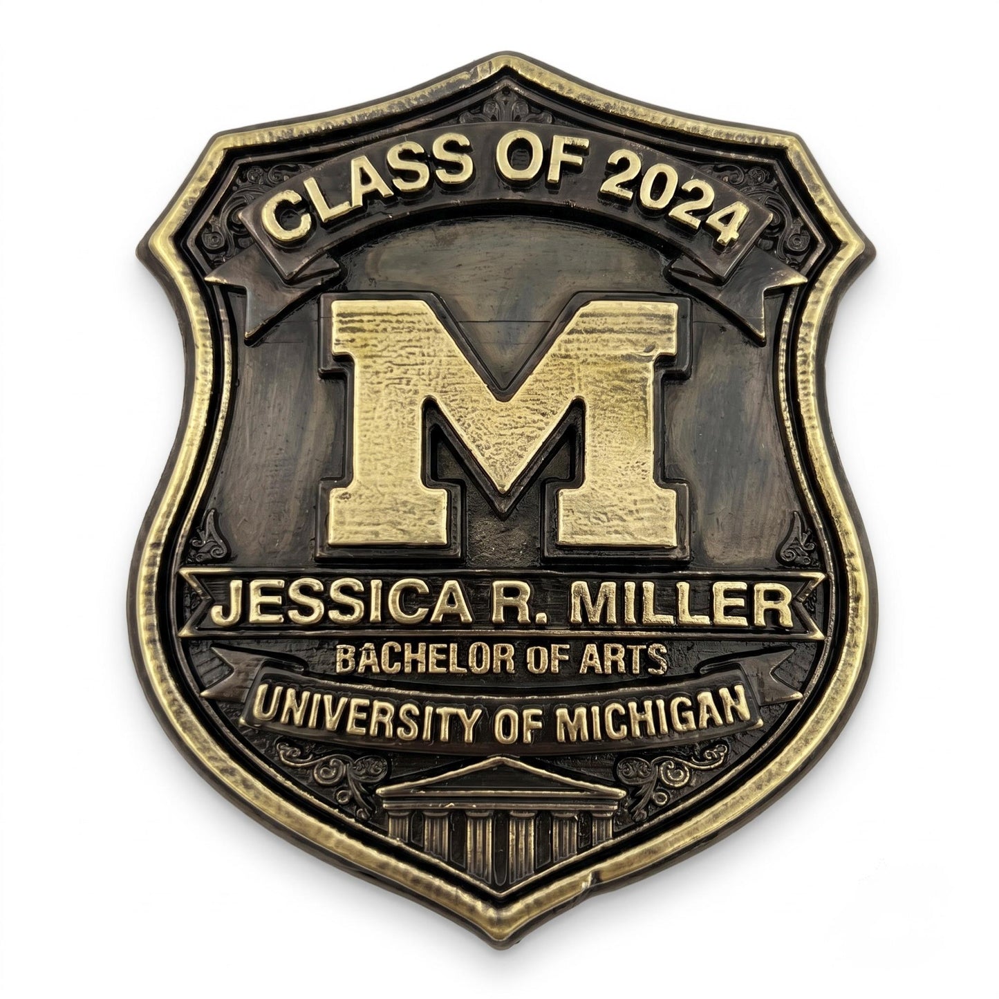 Personalized Graduation Plaque: Antique Brass-Finish Metal Crest with Custom Name, Degree and Year