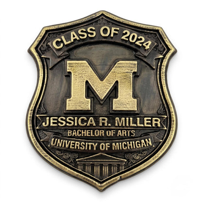 Personalized Graduation Plaque: Antique Brass-Finish Metal Crest with Custom Name, Degree and Year
