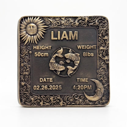 Personalized Brass Birth Plaque Tile for New Borns | Brass Zodiac Sun Sign Plaques | Antique Gold Finish
