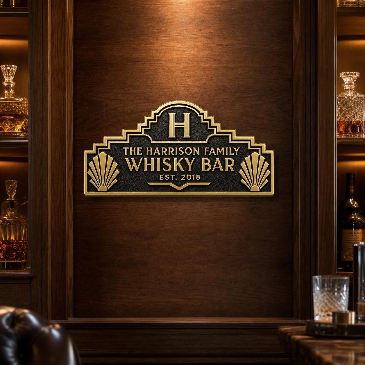 Personalised Art Deco Whisky Bar Plaque | Custom Family Home Bar Sign | Handcrafted Brass Wall Decor