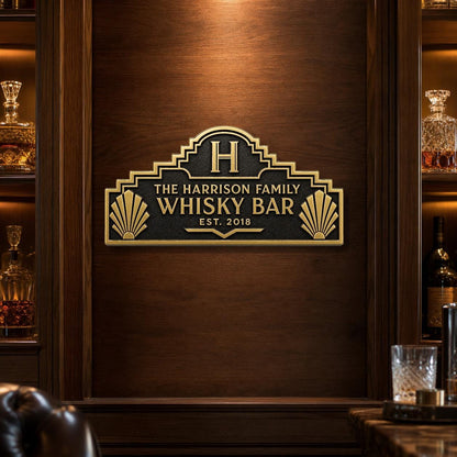 Personalised Art Deco Whisky Bar Plaque | Custom Family Home Bar Sign | Handcrafted Brass Wall Decor