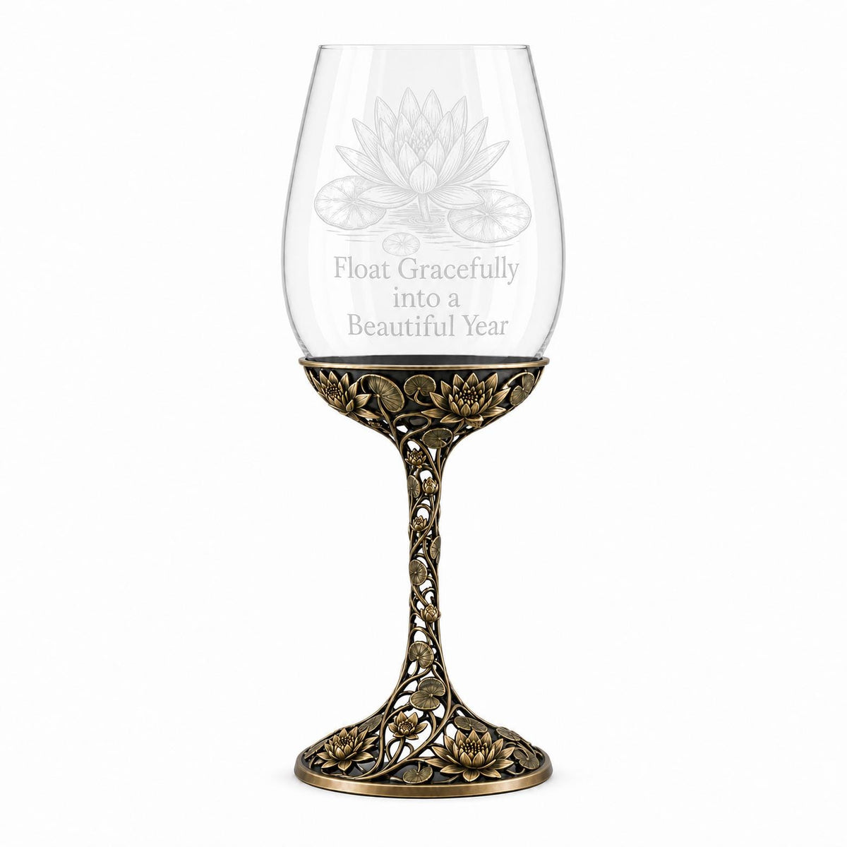 July Water Lily Wine Glass, Personalised Birth Flower, Openwork Brass Stem, Custom Etched Gift