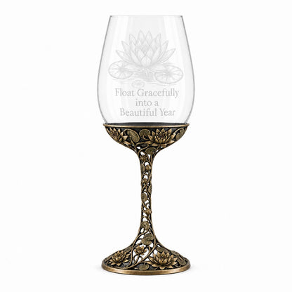 July Water Lily Wine Glass, Personalised Birth Flower, Openwork Brass Stem, Custom Etched Gift