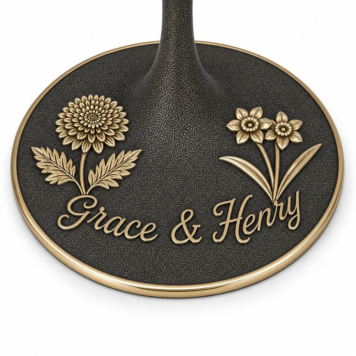 
Close-up of chrysanthemum and narcissus flowers and example wording on the glass foot