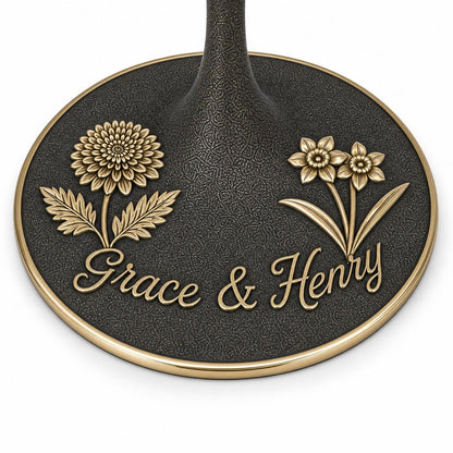 
Close-up of chrysanthemum and narcissus flowers and example wording on the glass foot