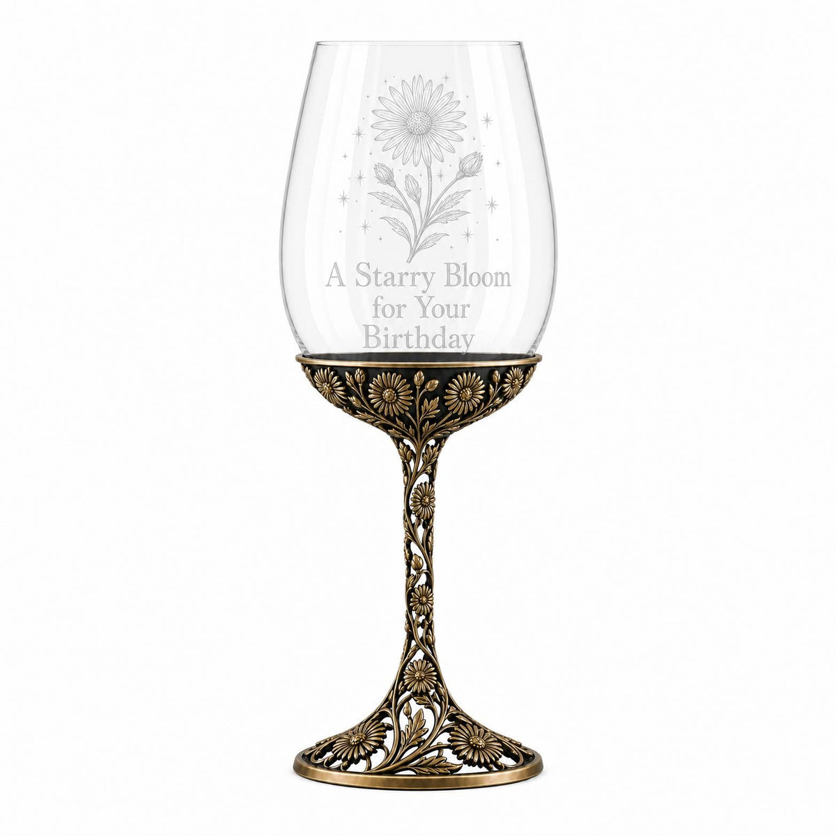 September Aster Wine Glass, Personalised Birth Flower, Openwork Brass Stem, Custom Etched Gift