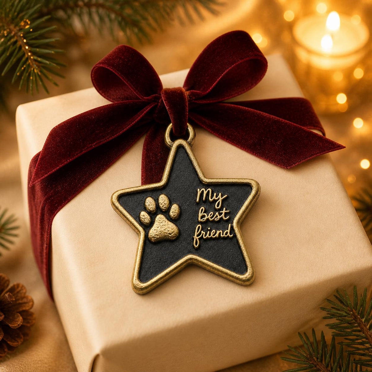 Star paw print ornament hanging on a box wrapped in kraft paper with a red velvet bow
