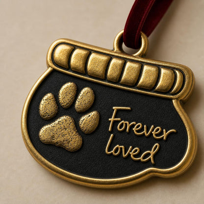 Close angled view of the bowl-shaped ornament with the raised paw print and script lettering